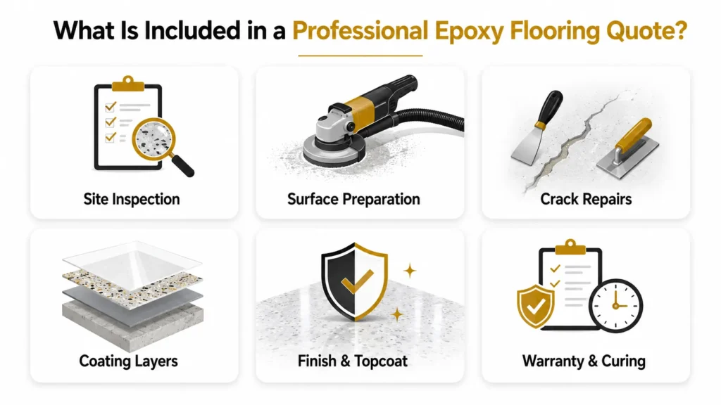 Professional epoxy flooring quote inclusions showing site inspection, surface preparation, crack repairs, coating layers, topcoat, curing and warranty.