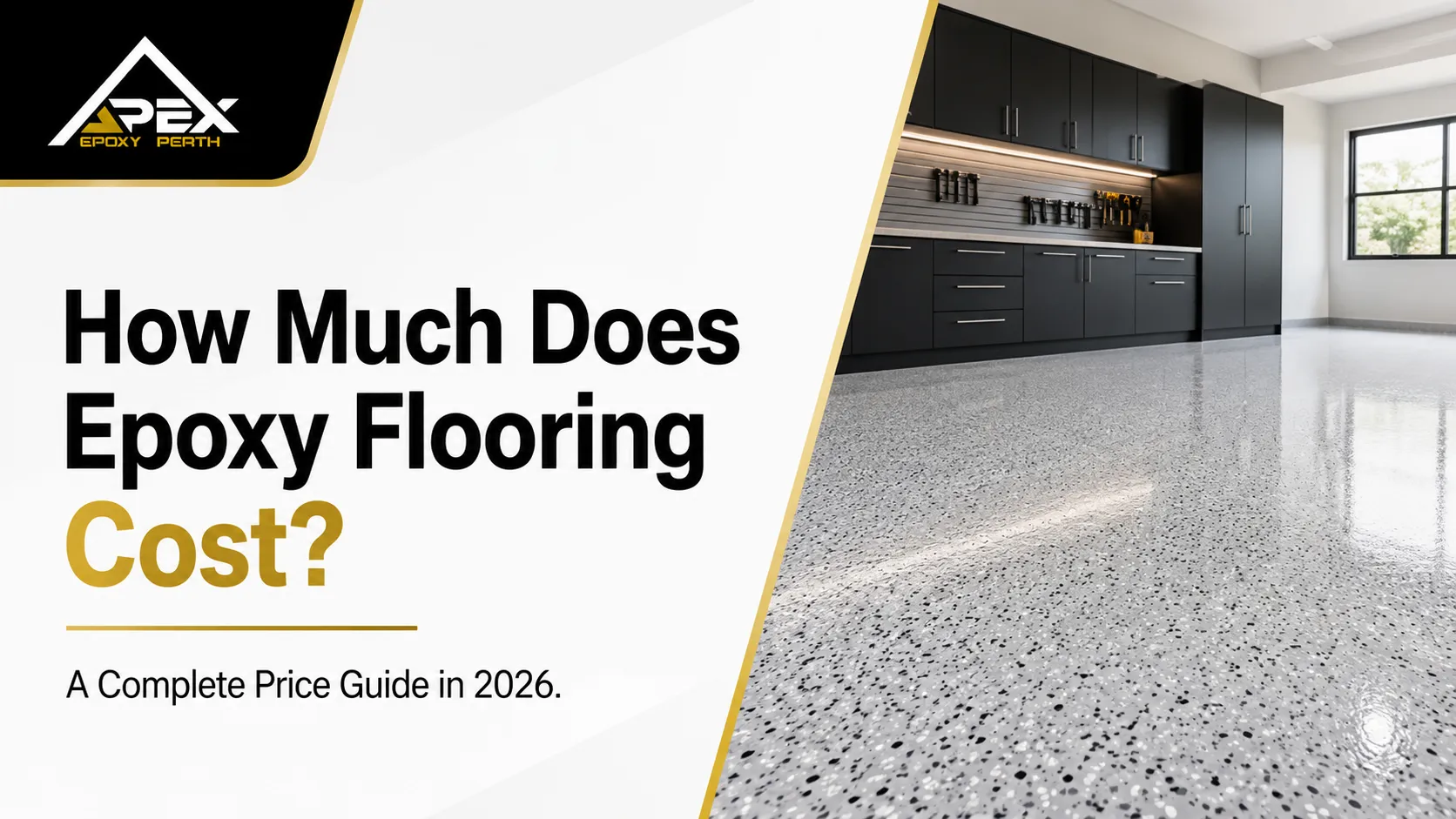 Epoxy flooring cost guide featuring a modern garage with grey flake epoxy flooring.