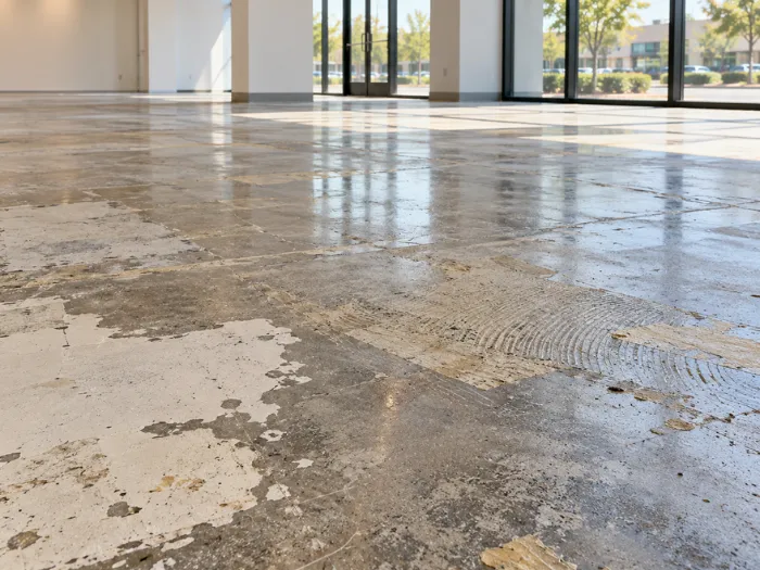 Partially polished concrete floor with a smooth, reflective finish in a modern interior