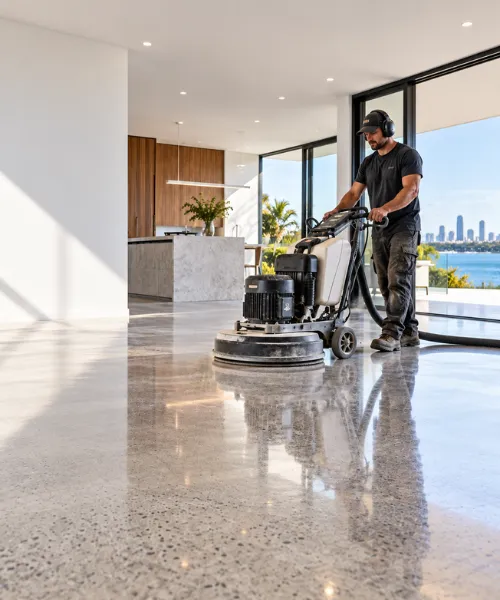 Professional concrete polishing contractor operating a floor polishing machine in a modern home