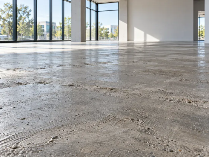 Smooth polished concrete flooring in a spacious room with large glass windows