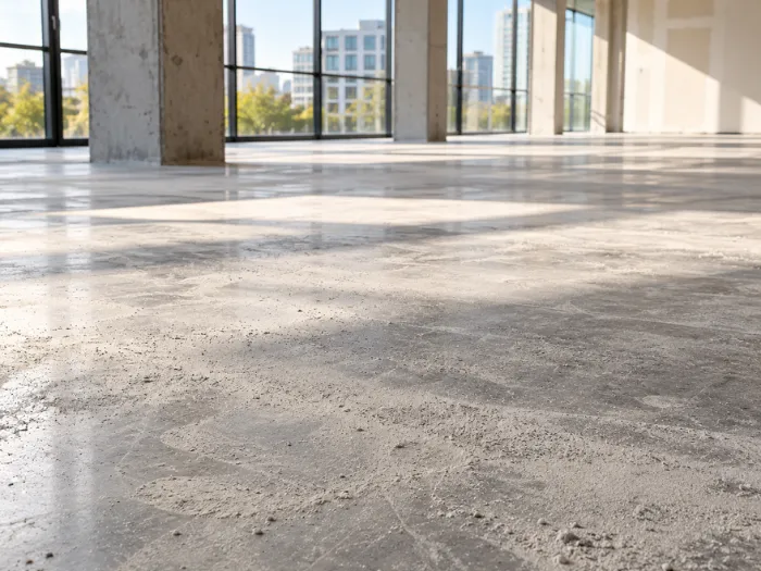 Large concrete floor prepared for polishing in a modern commercial interior