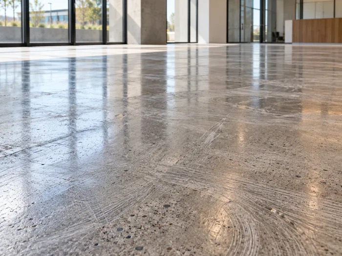 Smooth grey polished concrete flooring with a reflective finish in an open interior