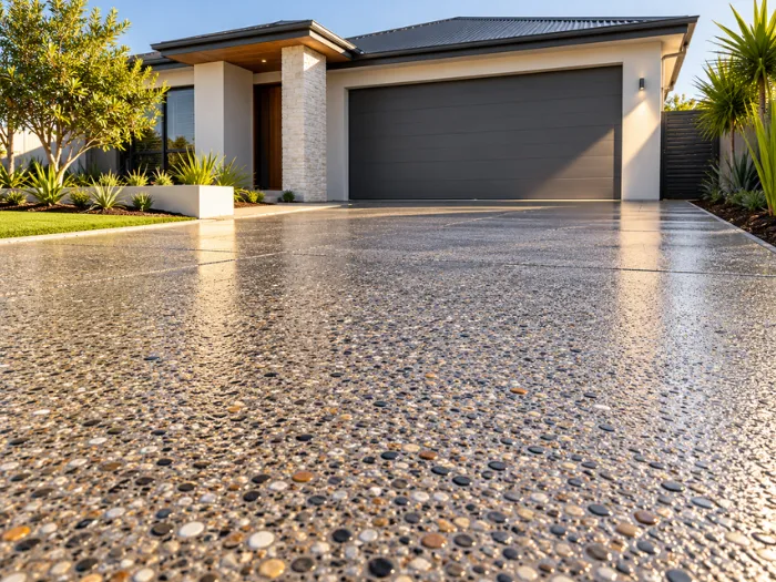 Sealed concrete driveway leading to a modern home's double garage
