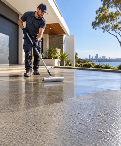 Professional contractor applying concrete sealer with a roller to an outdoor concrete surface