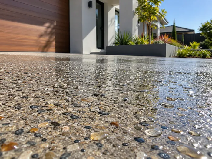 Sealed outdoor concrete flooring with a protective finish at the entrance of a modern home