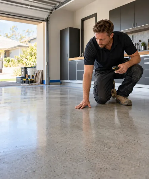 Concrete sealing contractor inspecting the finished concrete floor inside a residential property