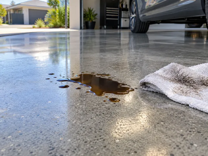 Close-up of concrete sealing work on a grey garage floor with a wet, reflective surface