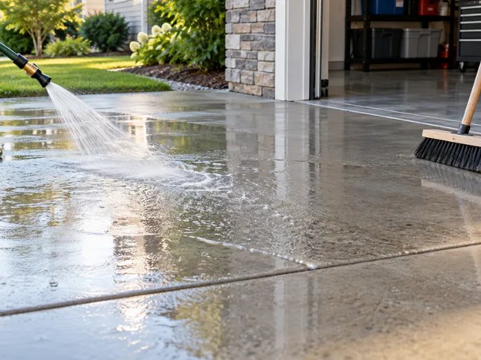 Grey sealed concrete driveway with a reflective finish outside a contemporary home