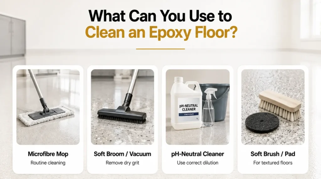 Epoxy floor cleaning tools including a microfibre mop, soft broom, pH-neutral cleaner and soft brush or pad.