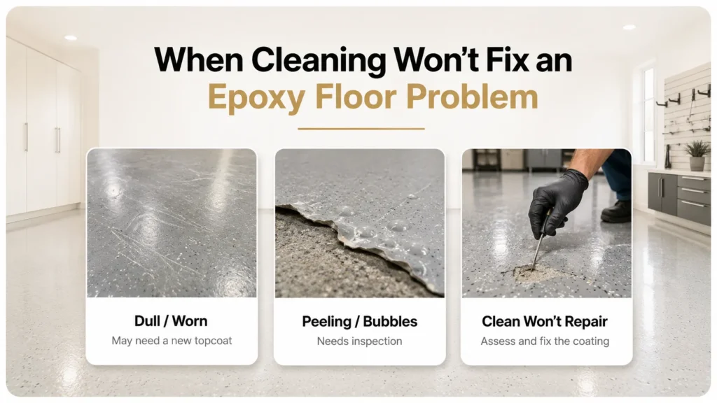 Epoxy floor problems that cleaning cannot fix, including dull wear, peeling, bubbling and coating damage that may require repair.