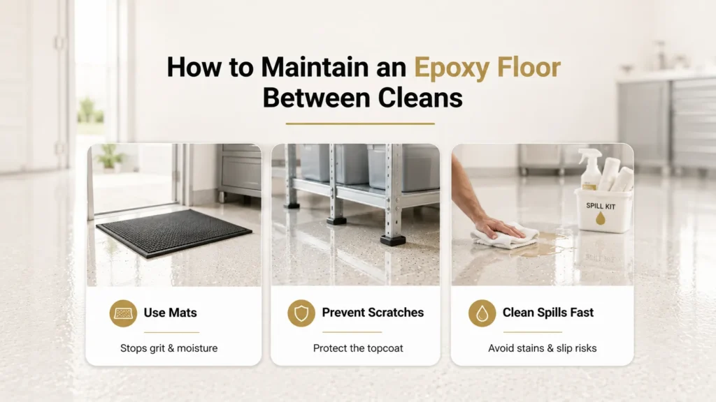 Epoxy floor maintenance tips including using entry mats, preventing scratches and cleaning spills quickly between regular cleans.