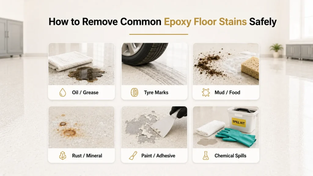 Safe methods for removing common epoxy floor stains including oil, tyre marks, rust, paint and adhesive residue.