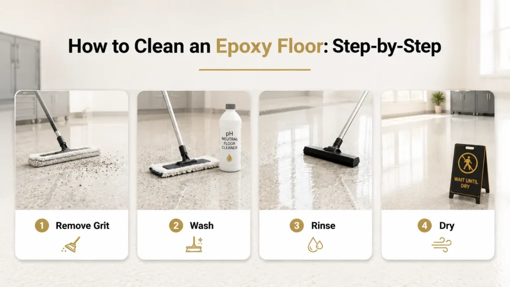 Step-by-step epoxy floor cleaning process showing debris removal, washing, rinsing and drying the surface.