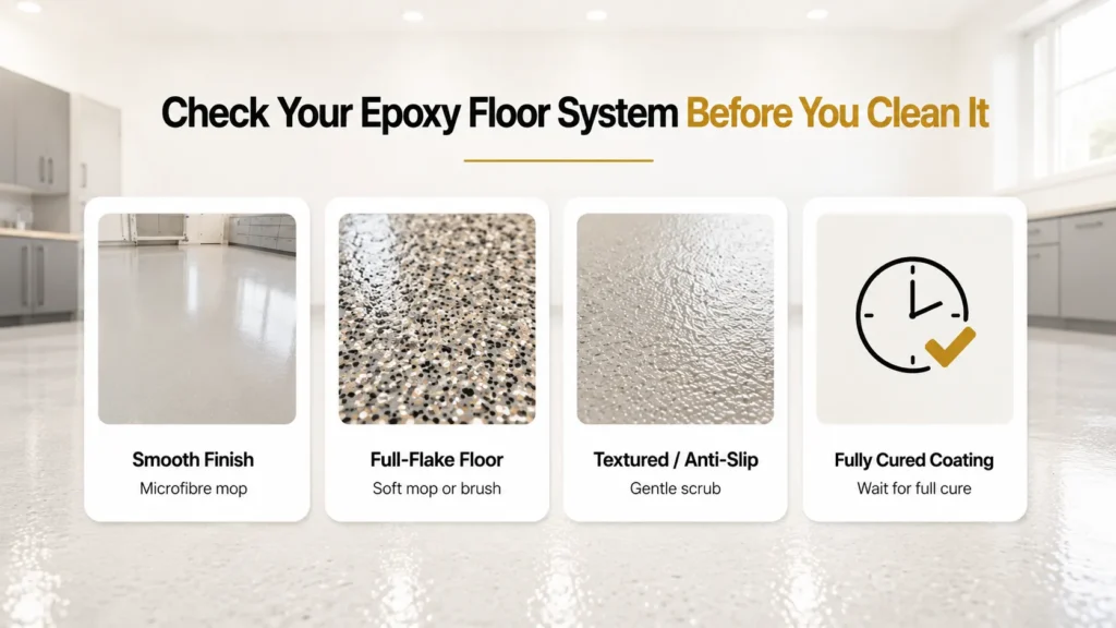 Different epoxy floor systems including smooth finish, full-flake, textured anti-slip and fully cured coatings to check before cleaning.