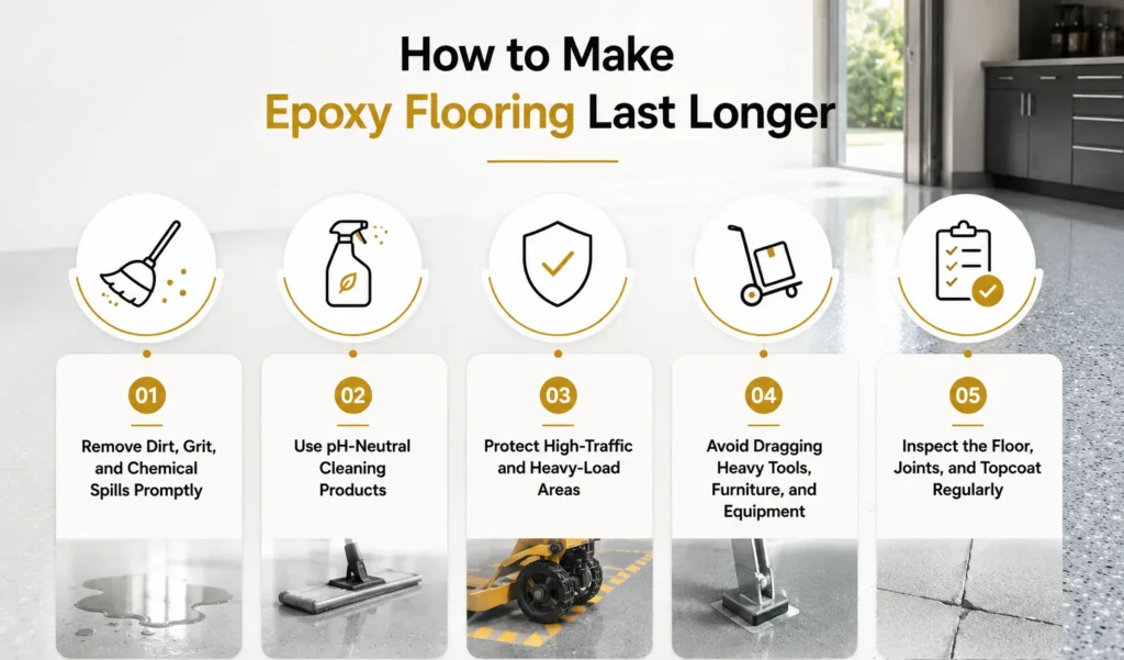 Epoxy flooring maintenance tips including removing dirt, cleaning spills, protecting high-traffic areas, avoiding dragging heavy items and regular inspection.