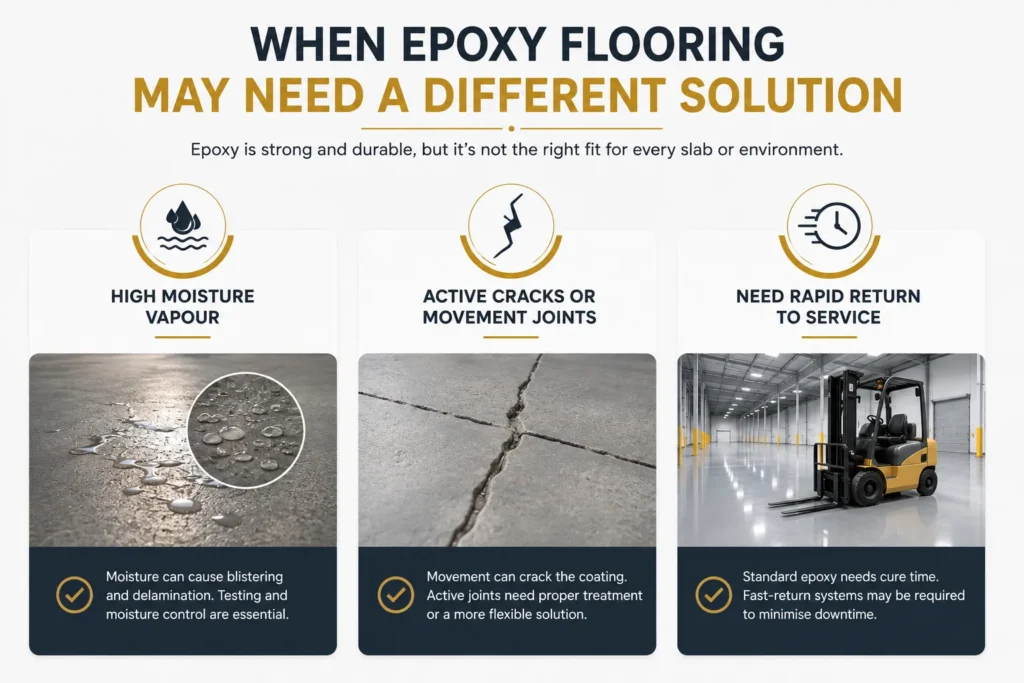 Epoxy flooring guide showing situations where high moisture, active concrete cracks or heavy impact loads may require a different flooring solution.