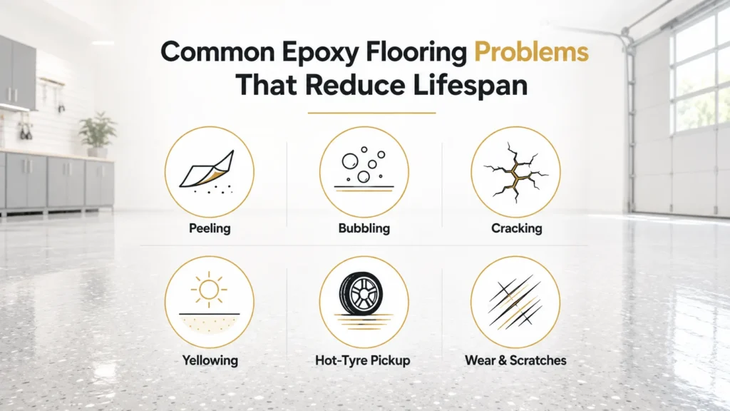 Common epoxy flooring problems including peeling, bubbling, cracking, yellowing, hot tyre pickup, wear and surface scratches.