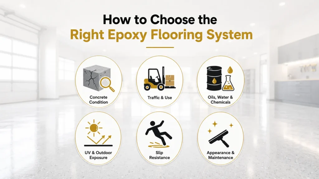 Guide to choosing an epoxy flooring system based on surface condition, traffic, appearance, UV exposure, safety and maintenance requirements.