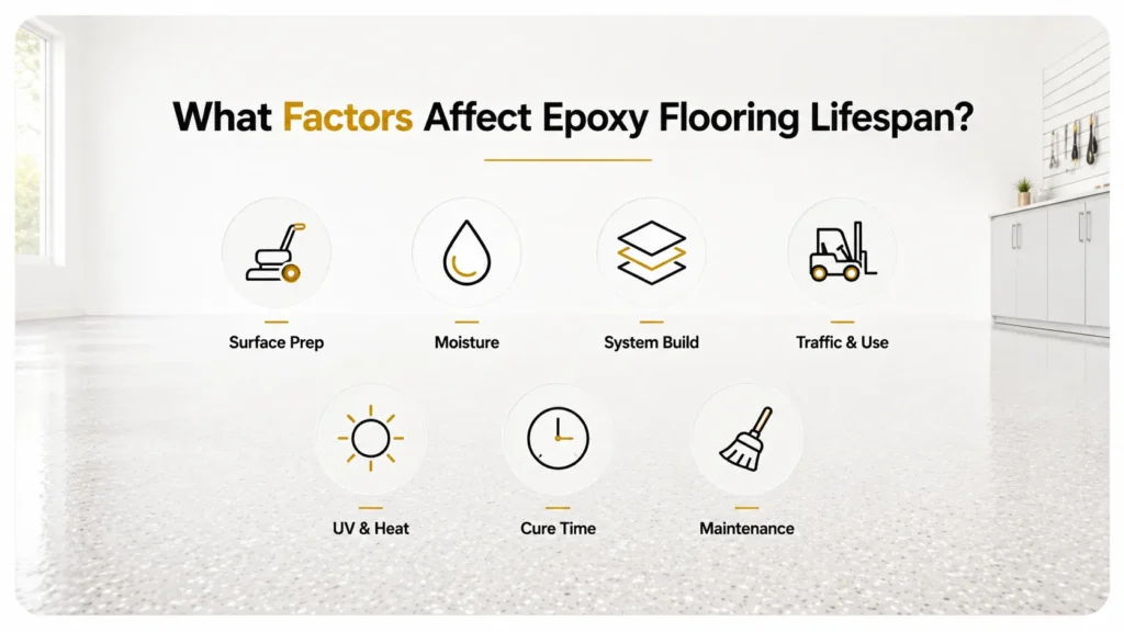 Key factors affecting epoxy flooring lifespan, including surface preparation, moisture, system build, vehicle use, UV exposure, cure time and maintenance.