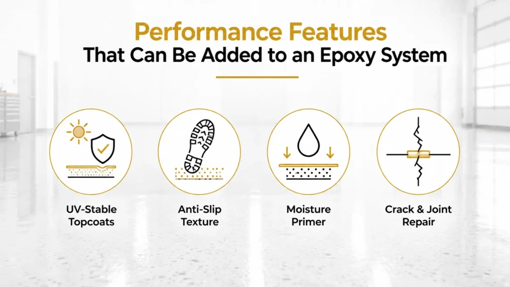 Epoxy flooring performance options including UV-stable topcoats, anti-slip texture, moisture primers and crack or joint repair systems.