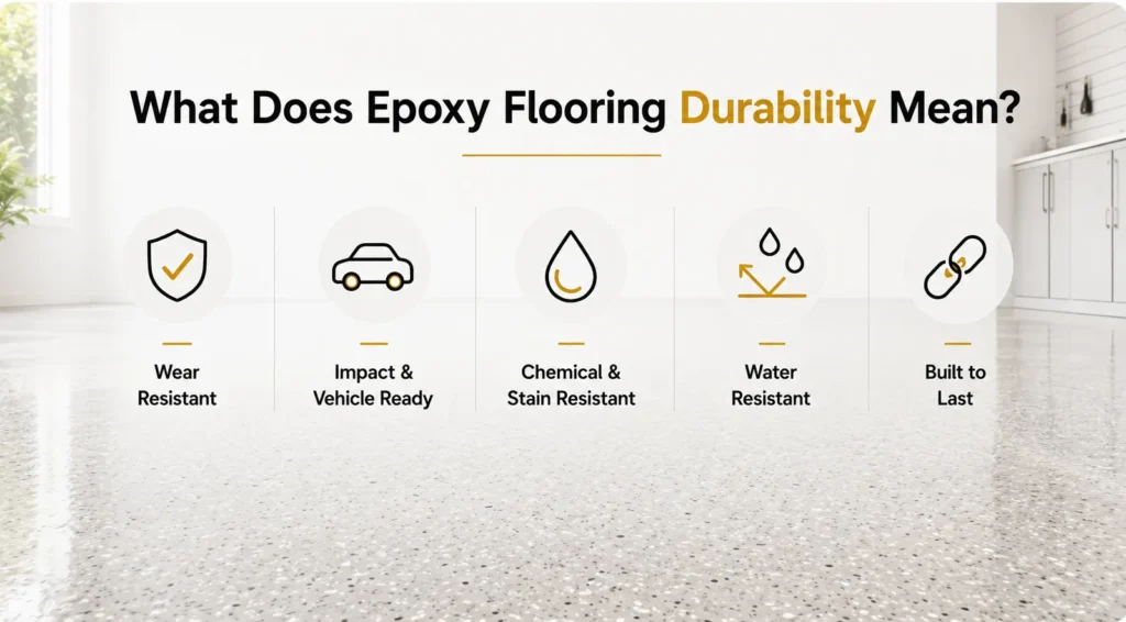 Epoxy flooring durability features including wear resistance, impact resistance, chemical and stain resistance, water resistance and long service life.