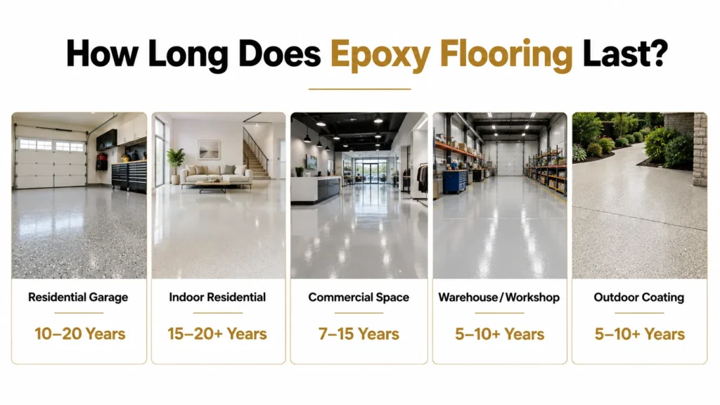 Epoxy flooring lifespan comparison for residential garages, indoor residential floors, commercial floors, warehouses and outdoor coatings.