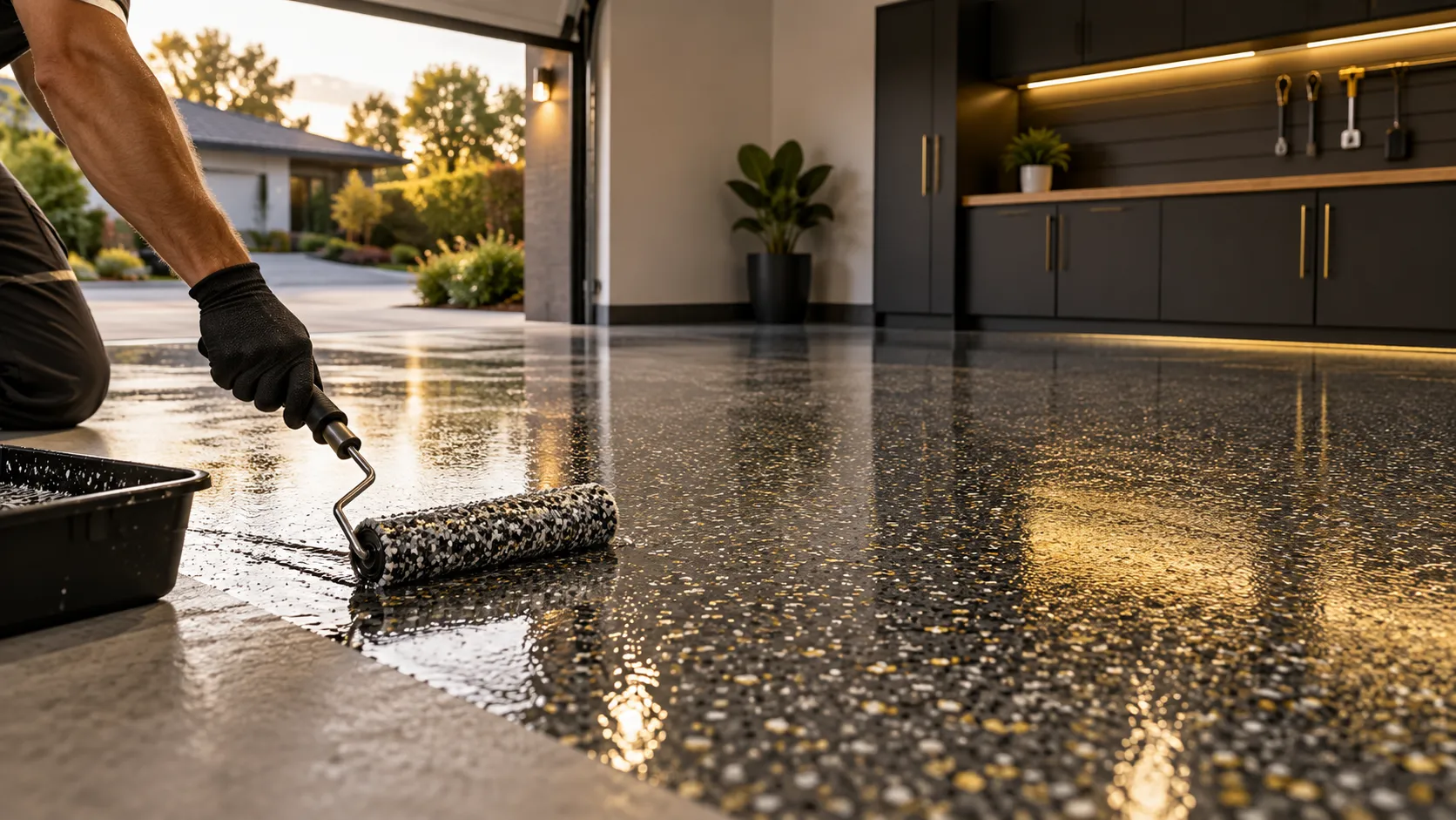 Finished garage floor with a glossy decorative flake epoxy coating, application roller and open garage door.