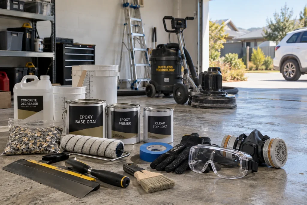 DIY epoxy garage floor materials and equipment, including epoxy primer, base coat, clear topcoat, decorative flakes, concrete grinder and safety gear.