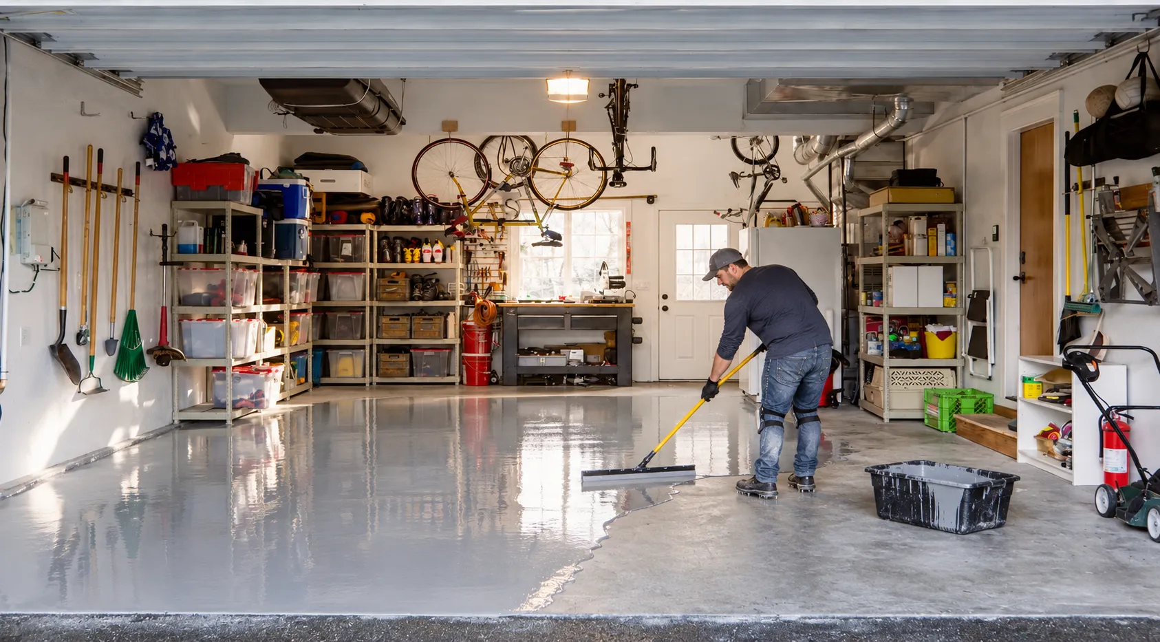 Professional installer applying epoxy flooring inside a residential garage