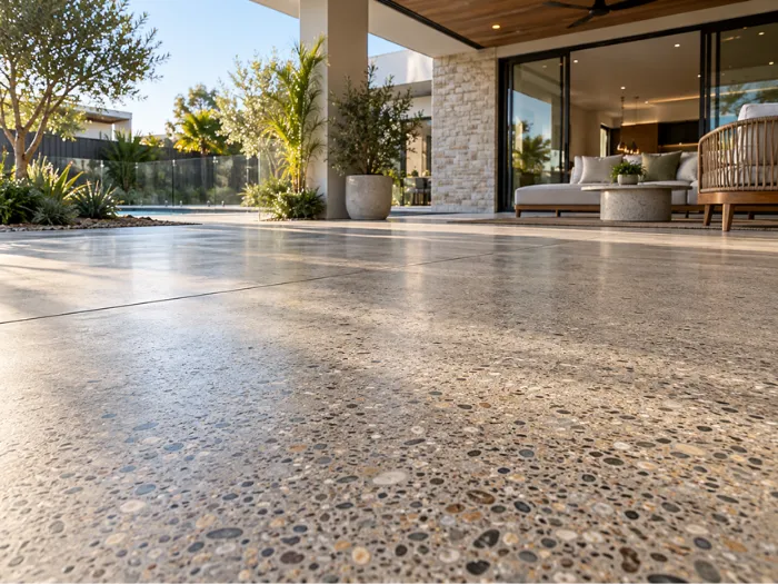 Honed concrete patio flooring with a smooth exposed aggregate finish outside a modern home