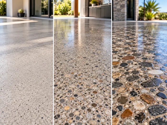 Close-up of honed concrete flooring showing a smooth exposed aggregate surface and natural stone texture