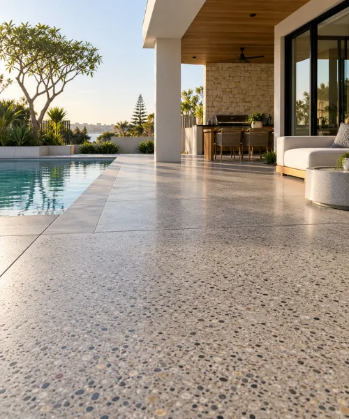 Light grey honed concrete pool surround with a smooth finish beside a modern swimming pool