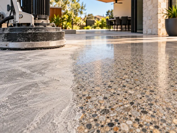 Honed concrete outdoor flooring with exposed aggregate finish around a landscaped residential area