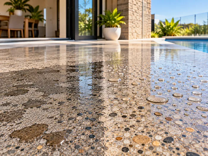 Smooth honed concrete patio with exposed aggregate texture beside a modern home entrance