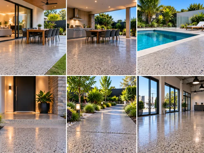 Honed concrete flooring examples for patios, pool surrounds and modern outdoor living areas