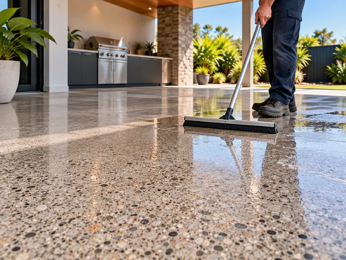 Professional finishing honed concrete flooring on a residential outdoor patio