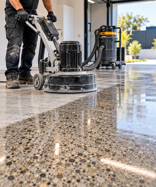 Professional concrete polishing machine finishing a honed concrete floor with exposed aggregate texture