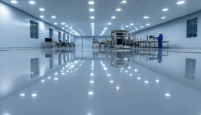 Glossy epoxy flooring in a large hospital corridor