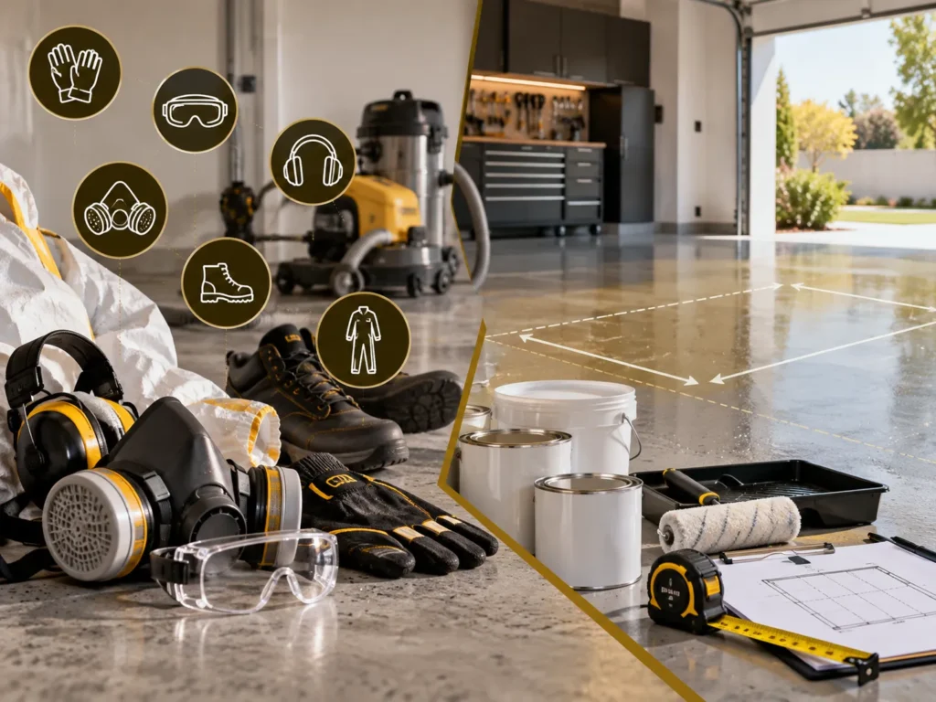 Protective safety equipment, epoxy coating materials and application tools arranged beside a glossy garage floor with measurements for epoxy flooring installation.