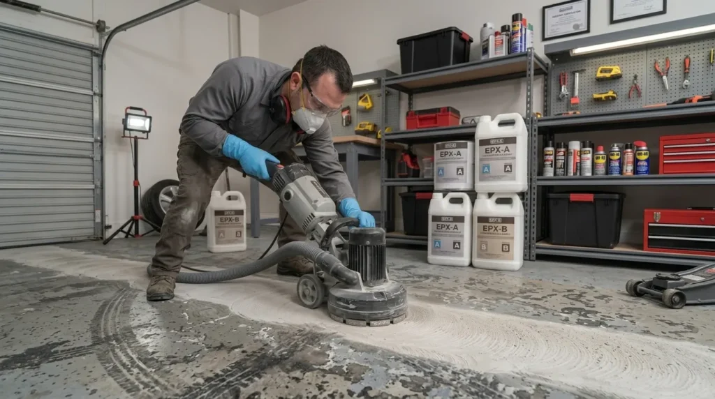 Professional contractor grinding a concrete garage floor with industrial equipment to prepare the surface for epoxy flooring installation.