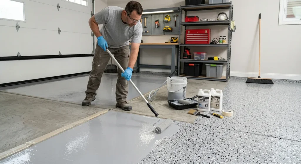 Worker applying epoxy coating to a concrete garage floor using a roller, with coating materials and tools nearby.