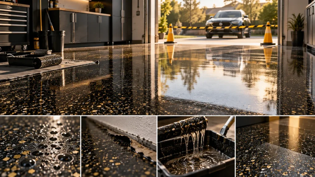 DIY epoxy garage floor with a glossy black decorative flake finish, showing moisture droplets, peeling coating and epoxy application with a roller.