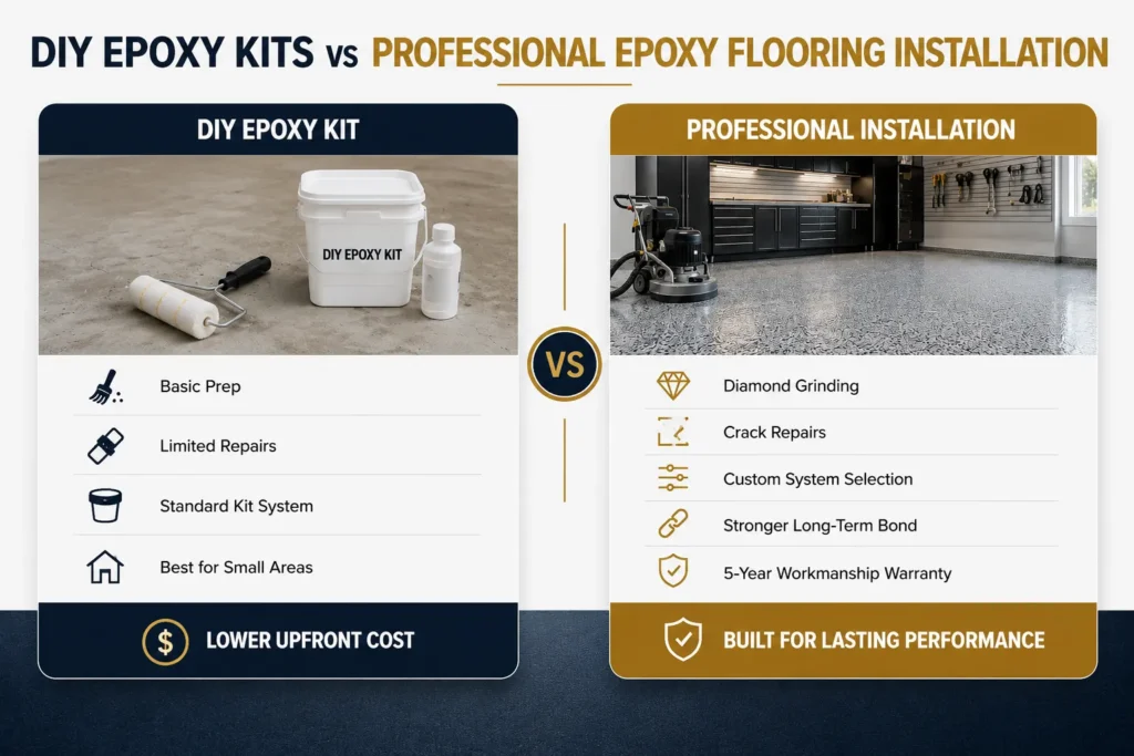 Comparison of DIY epoxy flooring kits and professional epoxy flooring installation, including surface preparation, materials and finish quality.