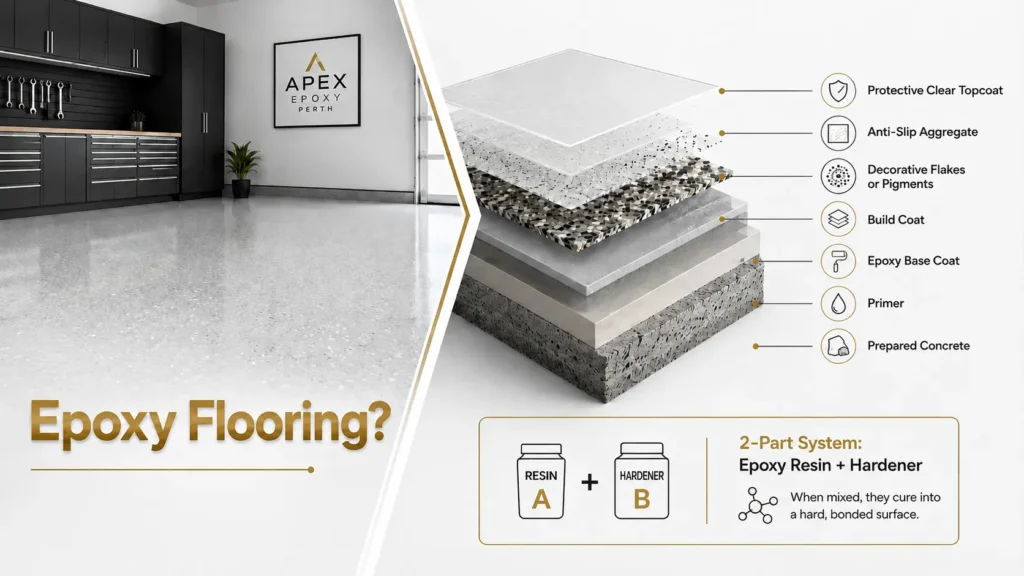 Epoxy flooring system diagram showing prepared concrete, primer, epoxy base coat, build coat, decorative flakes, anti-slip aggregate and protective clear topcoat.