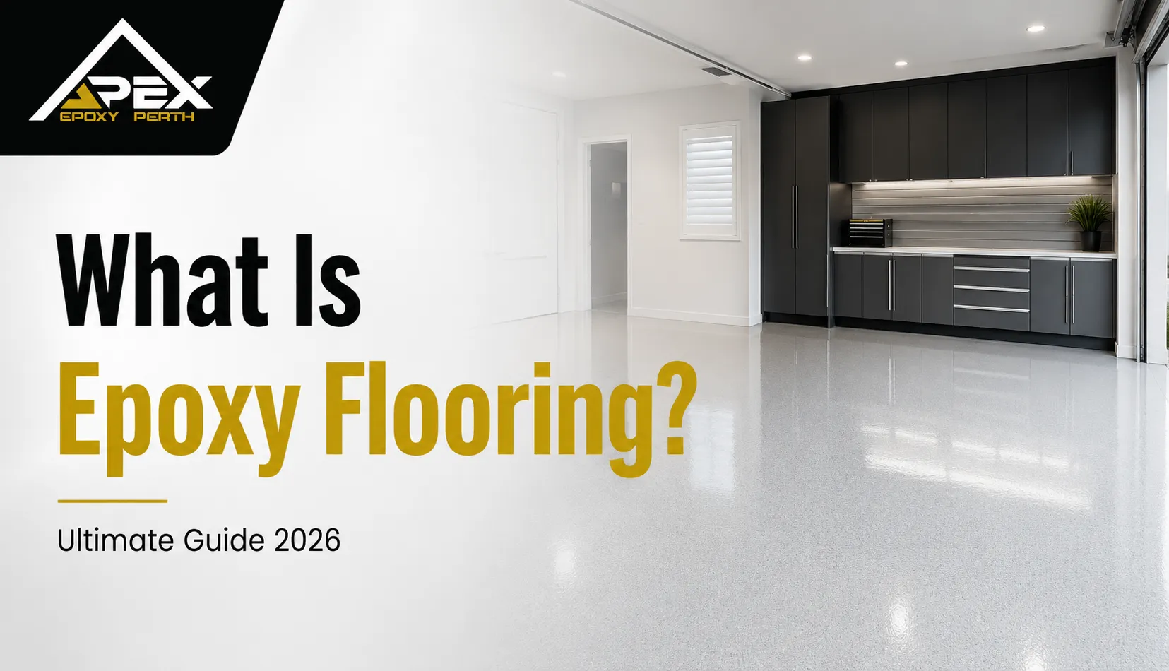 Apex Epoxy Perth guide explaining what epoxy flooring is, shown with a seamless decorative epoxy floor in a modern interior space.