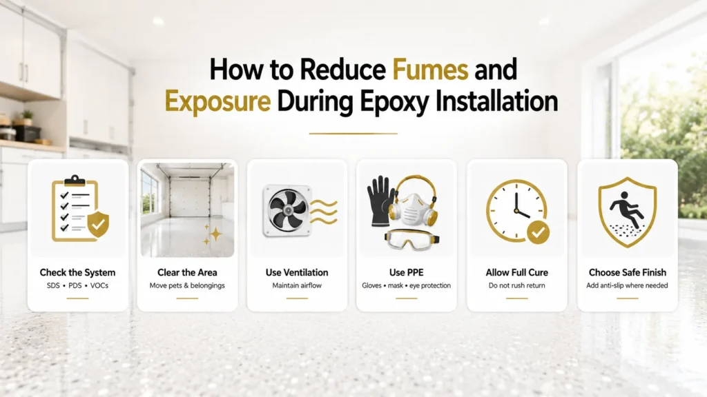 Ways to reduce epoxy fumes and exposure during installation, including ventilation, PPE, low-VOC products and controlled curing conditions.