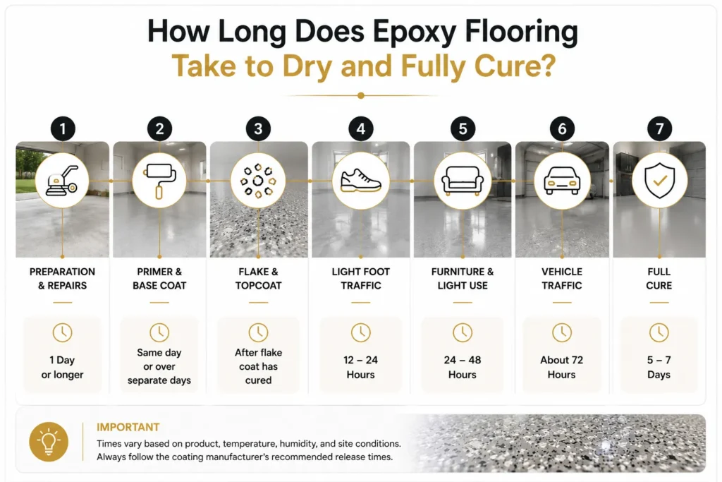 Epoxy flooring drying and curing timeline showing preparation, primer, flake application, topcoat and recommended wait times before use.