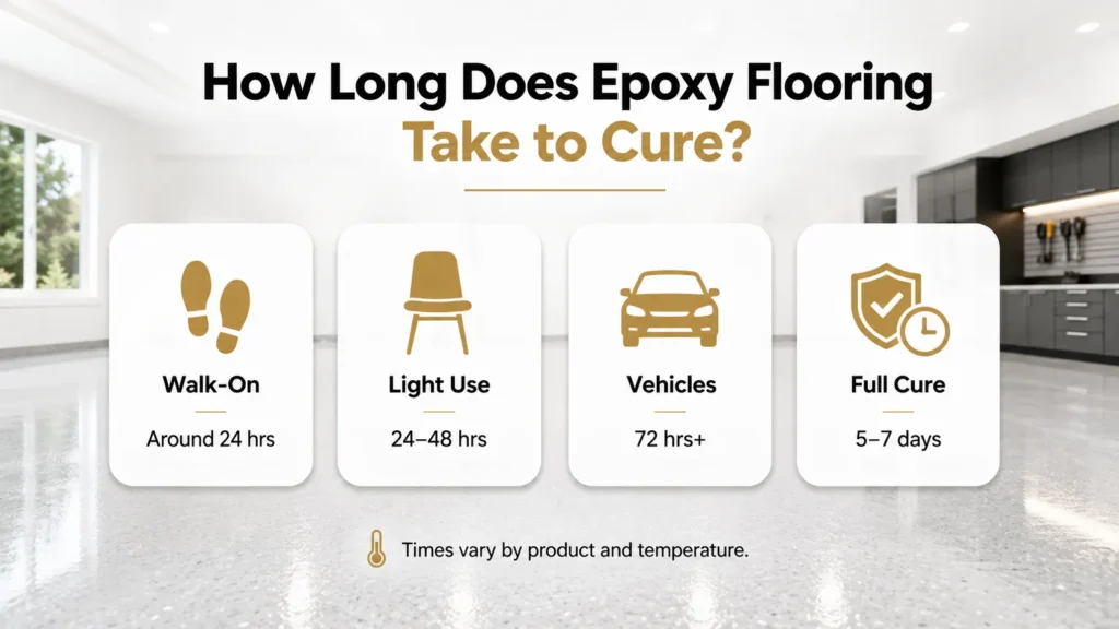 Epoxy flooring curing timeline showing approximate wait times for walking, light use, vehicles and full cure.