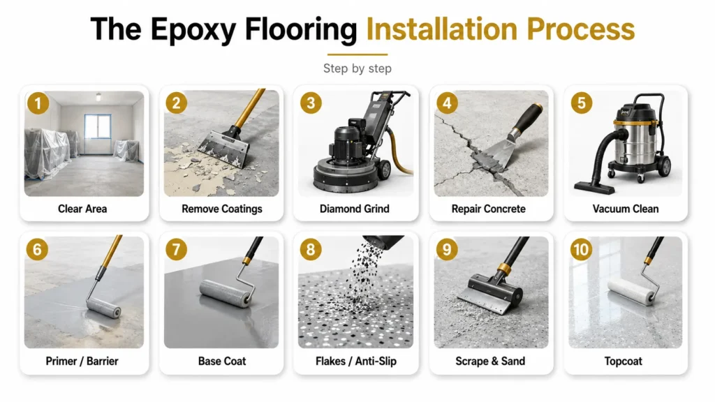 Apex Epoxy Perth epoxy flooring installation process showing professional surface preparation, coating application and finishing stages.